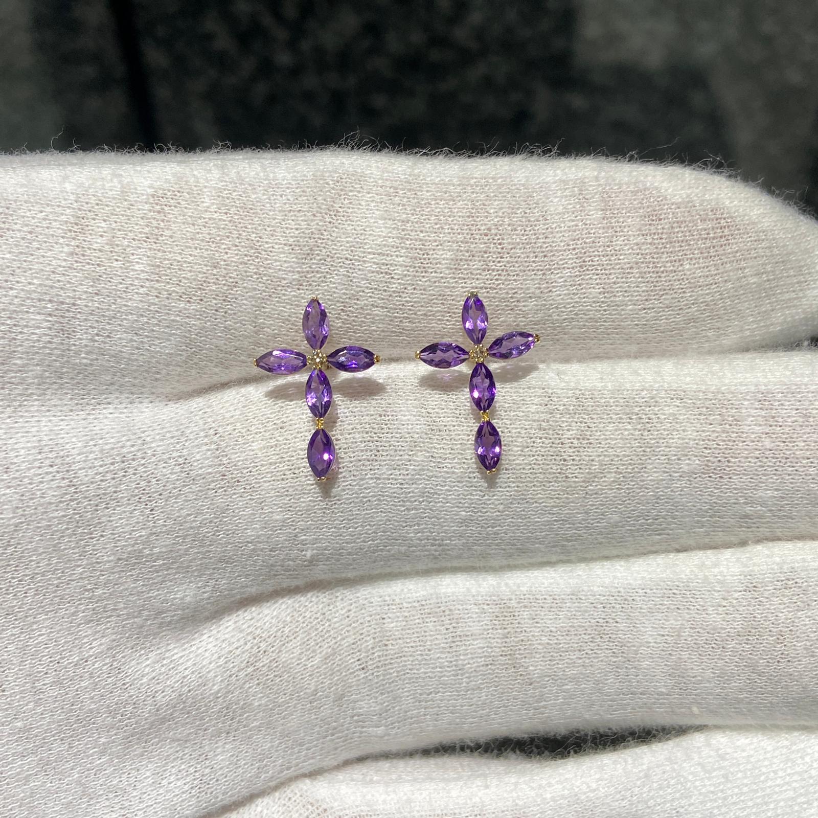 日本直送 紫水晶十字架鑽石耳釘【JS367】