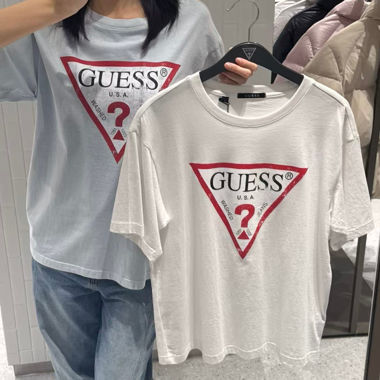 韓國 Guess Uni Semi Over Crack Triangle Short Sleeve T-Shirt【GU003】