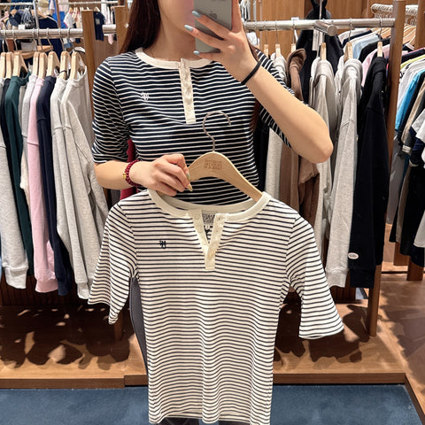 韓國 Marithe Francois Girbaud Women's HENLEY NECK STRIPE T-SHIRTS【MF569】