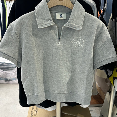 韓國 Wacky Willy Women's Flory Embroidery Half Zip-up Short Sleeve T-Shirt Melange Grey【WW152】