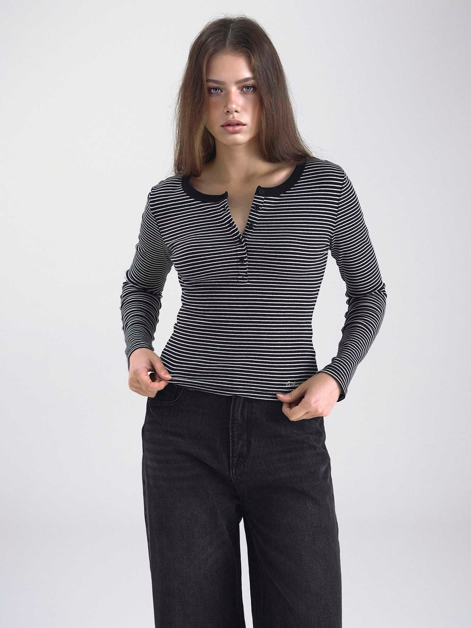 韓國 Who.A.U Ribbed Henry Neck T-shirt【WA220】