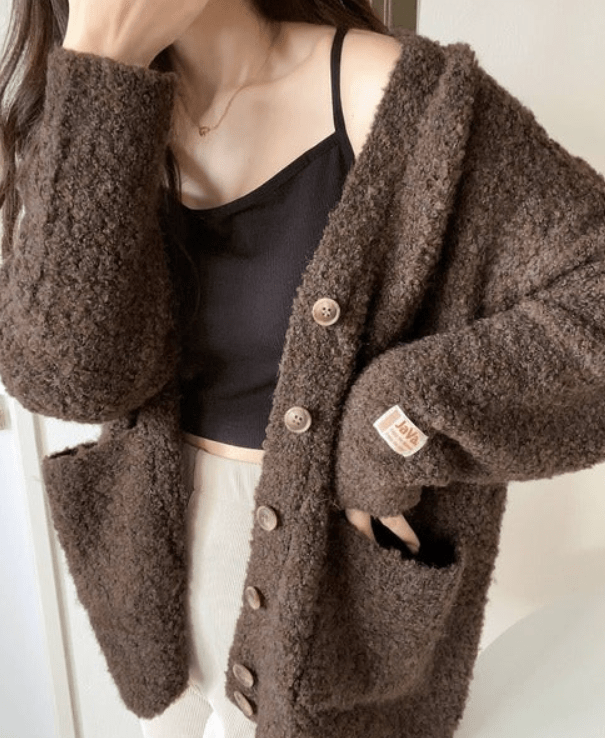 日本直送 毛圈 V 領開襟衫 - STT Mall HK 靚太網購 -- 棕色 / S