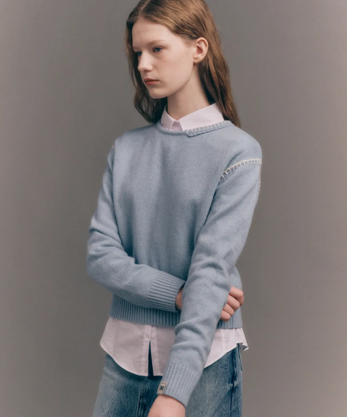 韓國 Satur (W) Contrast Stitch Semi Crop Knit【SR032】