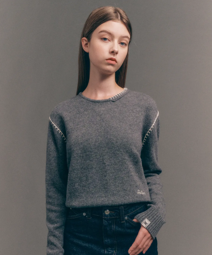 韓國 Satur (W) Contrast Stitch Semi Crop Knit【SR032】