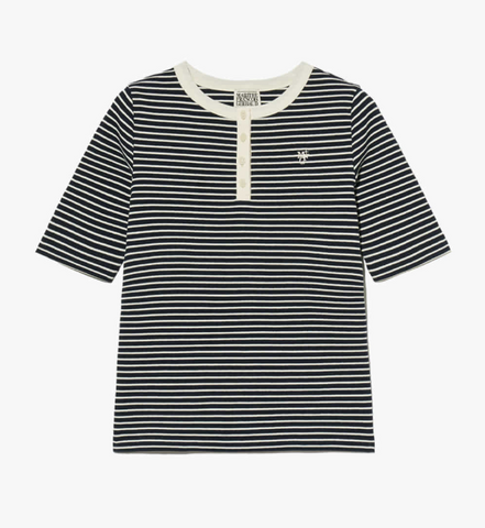 韓國 Marithe Francois Girbaud Women's HENLEY NECK STRIPE T-SHIRTS【MF569】