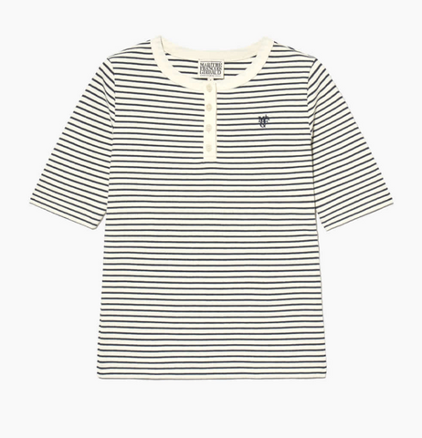 韓國 Marithe Francois Girbaud Women's HENLEY NECK STRIPE T-SHIRTS【MF569】