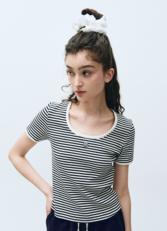韓國 Marithe Francois Girbaud Women's DEEP NECK RINGER TSHIRT【MF482】