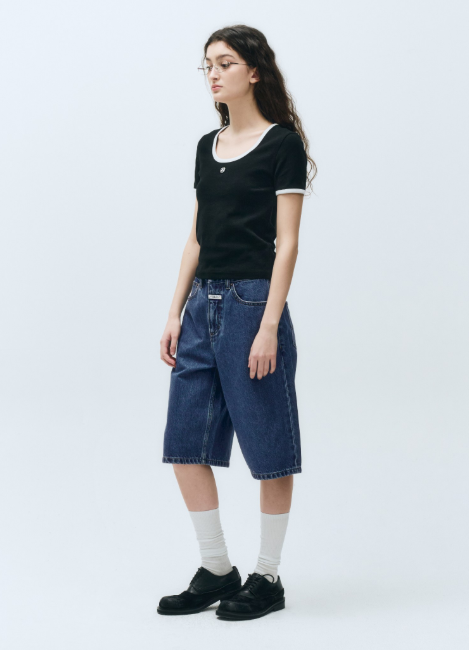 韓國 Marithe Francois Girbaud Women's DEEP NECK RINGER TSHIRT【MF482】
