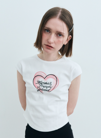 韓國 Marithe Francois Girbaud Women's HEART LETTERING LOGO CAP SLEEVE T-SHIRTS【MF580】