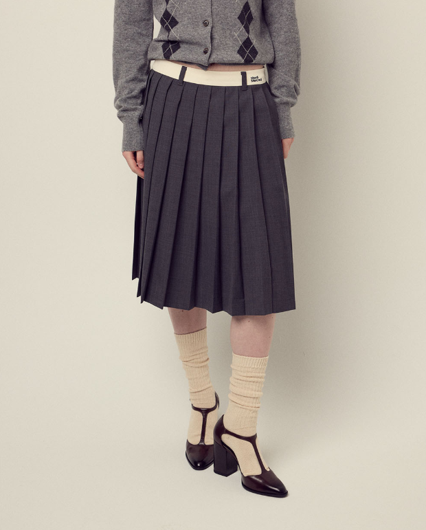 韓國 Mardi Mercredi Wool Pleates Midi Skirt Contrast Waistband【MM148】