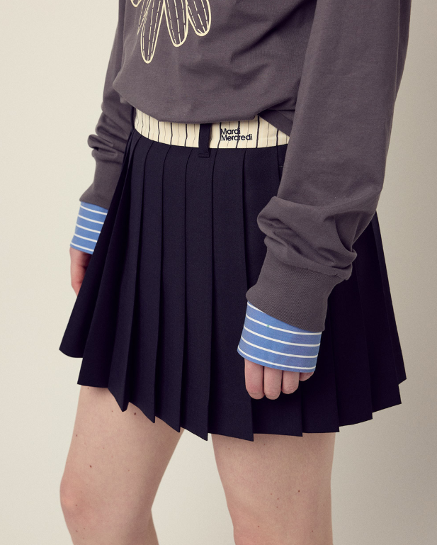 韓國 Mardi Mercredi Wool Pleates Mini Skirt Contrast Waistband【MM149】