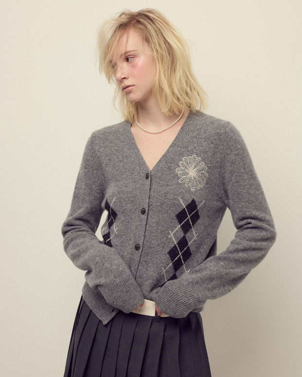 韓國 Mardi Mercredi Cashmere Blended Cardigan V Neck Argyle【MM158】