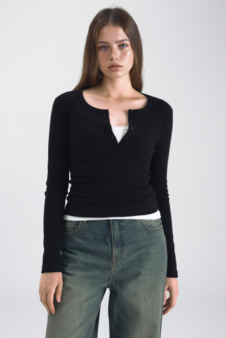 韓國 Who.A.U Ribbed Henry Neck T-shirt【WA220】
