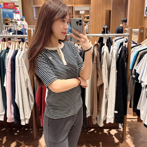 韓國 Marithe Francois Girbaud Women's HENLEY NECK STRIPE T-SHIRTS【MF569】