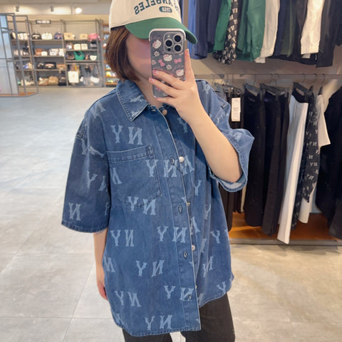 韓國 MLB Basic Multi Mega Logo Print Short Sleeve Denim Shirt NY【MB354】