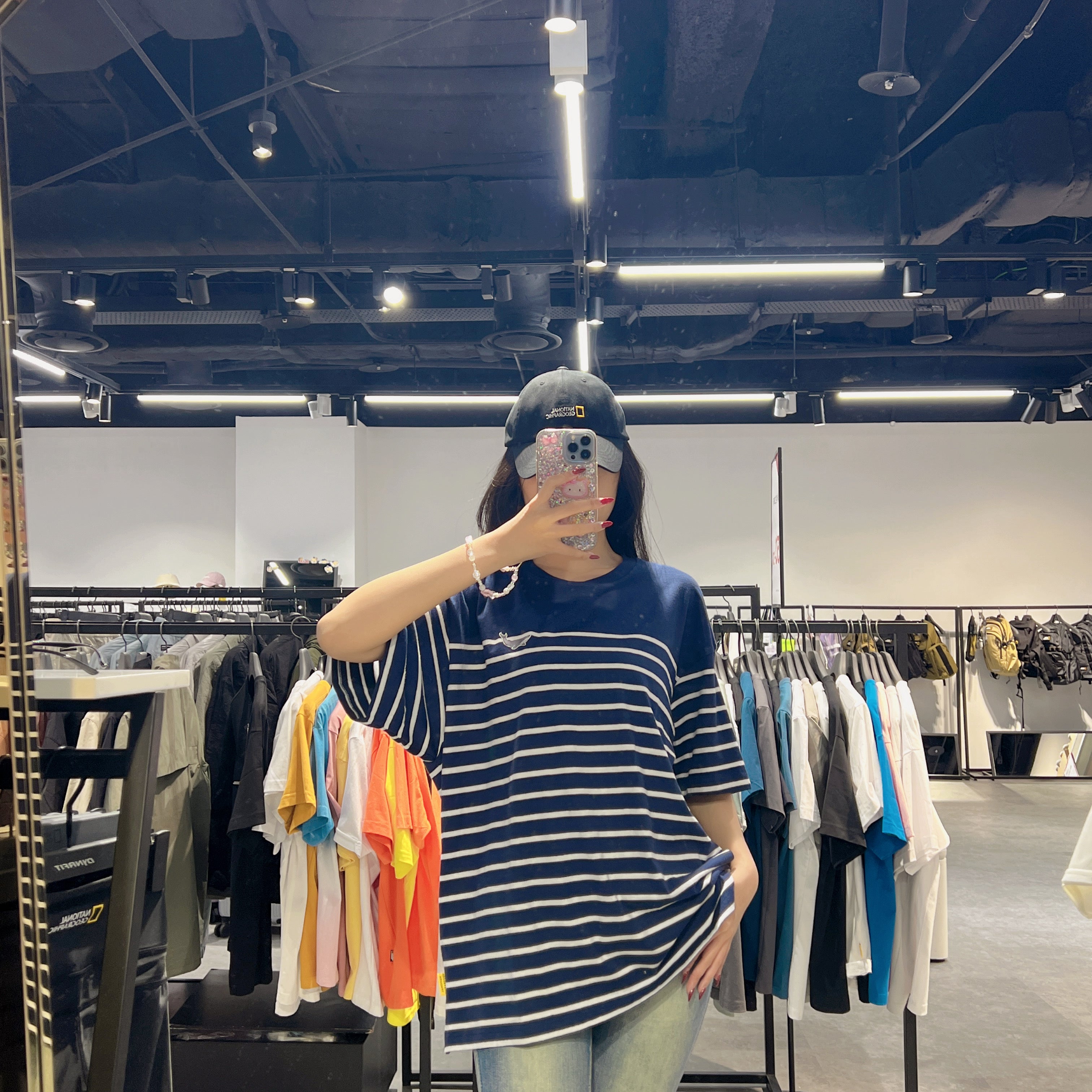 韓國 National Geographic Semi-Overfit Whale Wappen Denkang Stripe T-shirt【NG659】