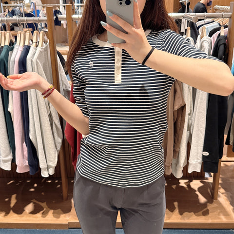 韓國 Marithe Francois Girbaud Women's HENLEY NECK STRIPE T-SHIRTS【MF569】