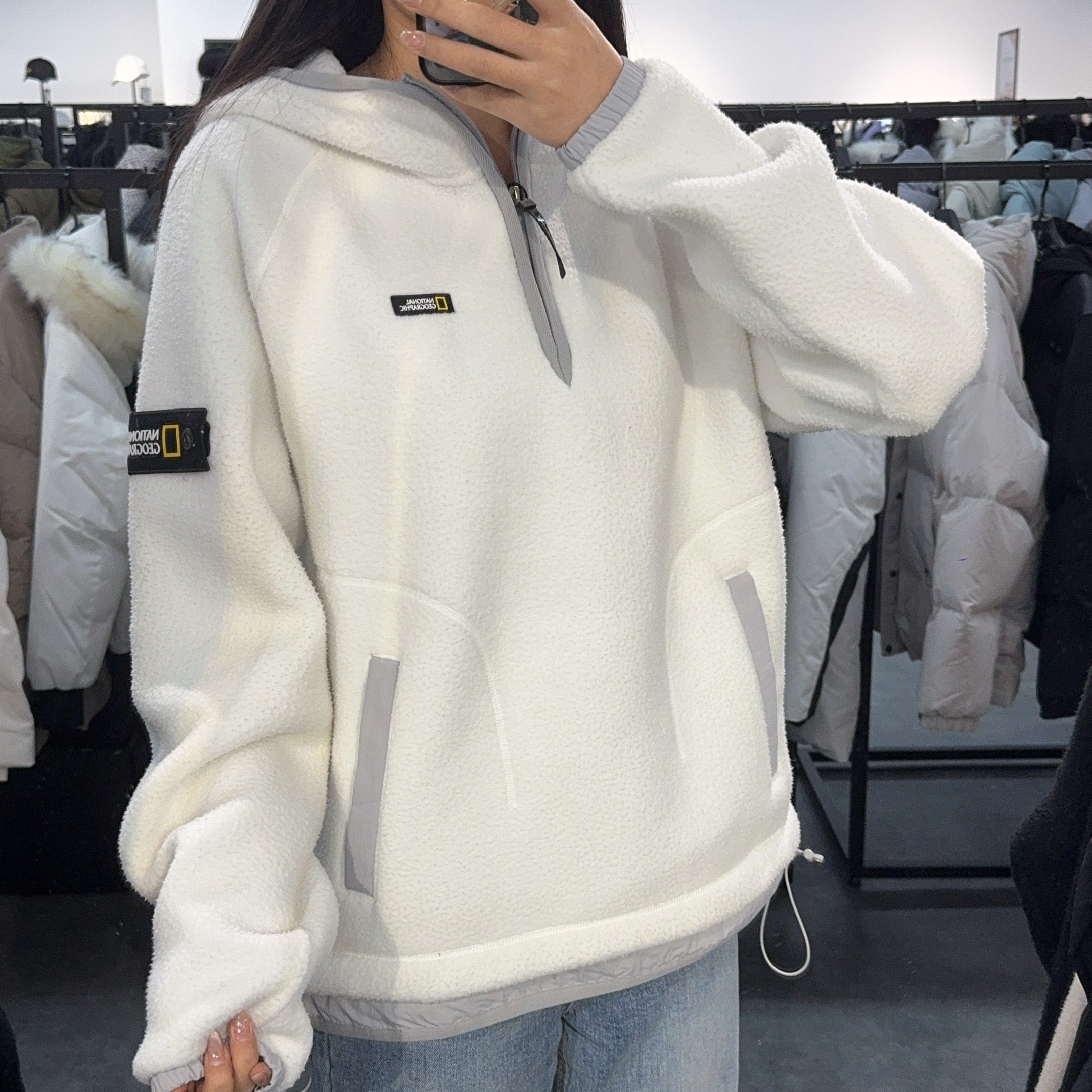 【現貨】韓國 National Geographic Woven Layered Loose Fit Fleece Half Zip Hoodie【NG400】