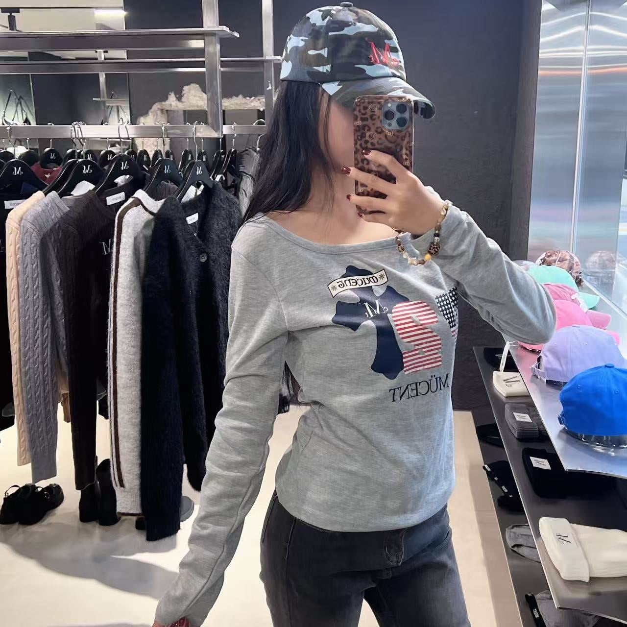 韓國 Mucent Rodez 72 American Flag One Shoulder Long Sleeve Tee【MU131】