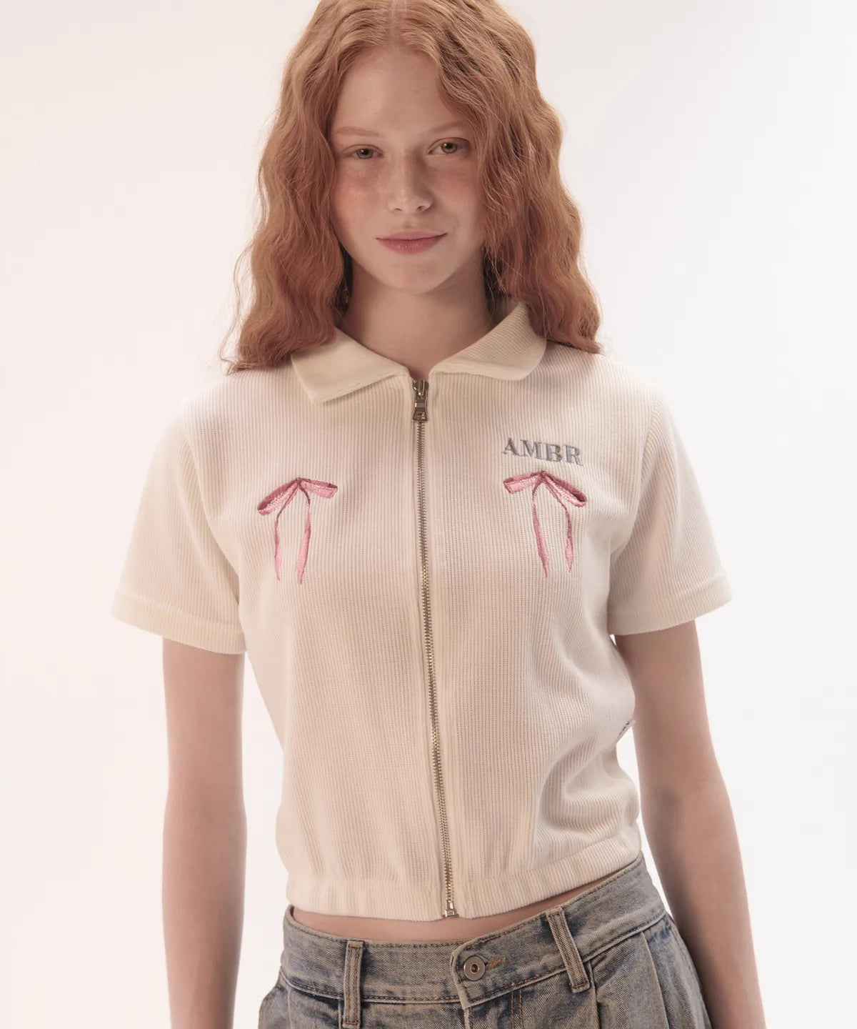 韓國 Ambler More Ribbon Please Crop Collar Zip-Up Short-Sleeved knit【AR076】