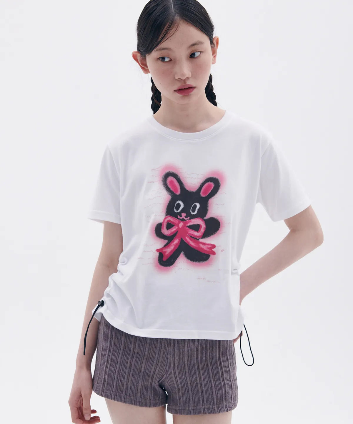 韓國 Ambler Rabbit With Ribbon Graphic String Crop Short-Sleeve T-shirt【AR104】