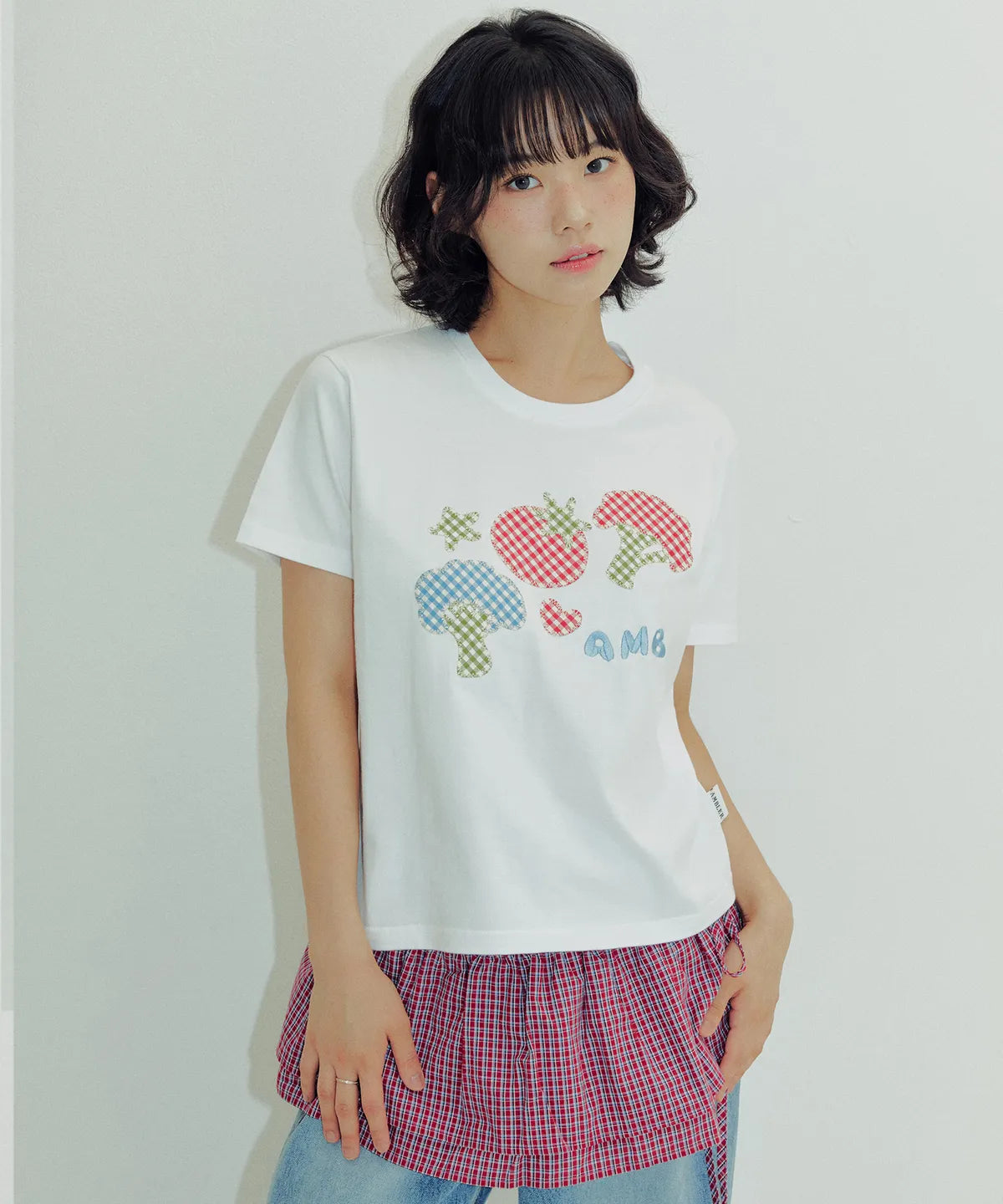 韓國 Ambler Tomato Broccoli Duo Patch Check Patch Short Sleeve T-Shirt【AR108】