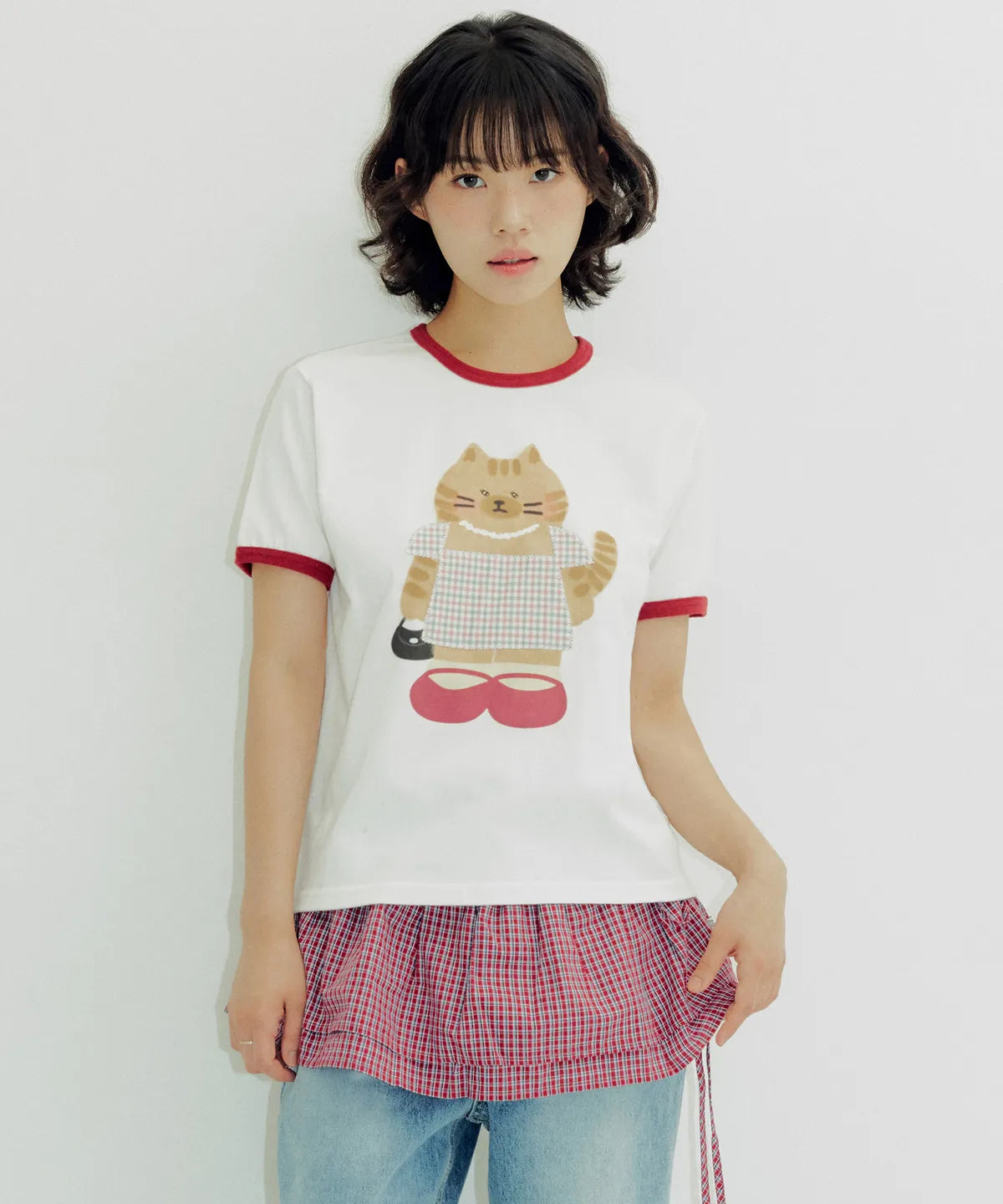韓國 Ambler Cat In A Dress Check Patch Semi-Crop Ringer Short-Sleeve T-shirt【AR107】