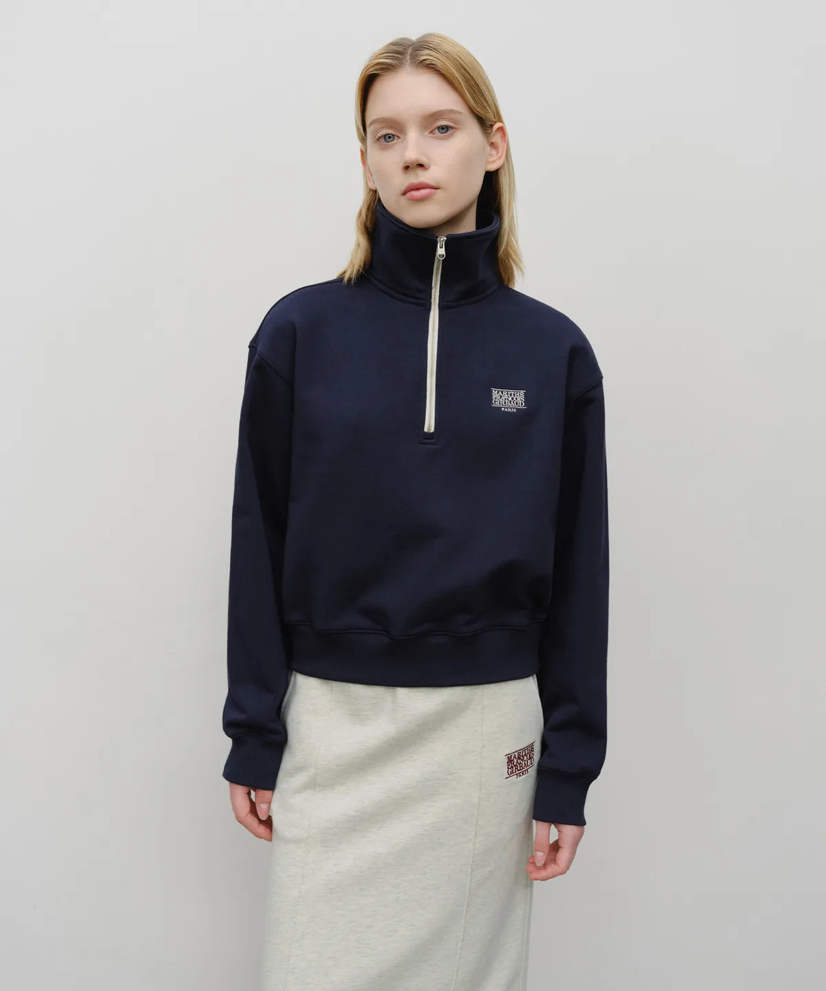 韓國 Marithe Francois Girbaud W Classic Logo Half Zipup Crop Sweatshirt【MF663】