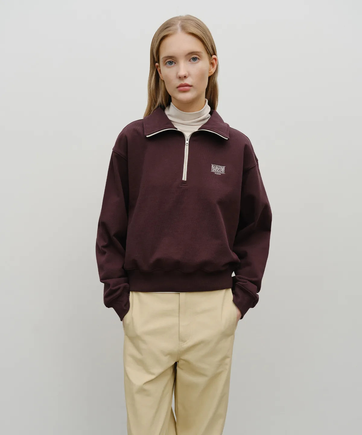 韓國 Marithe Francois Girbaud W Classic Logo Half Zipup Crop Sweatshirt【MF663】