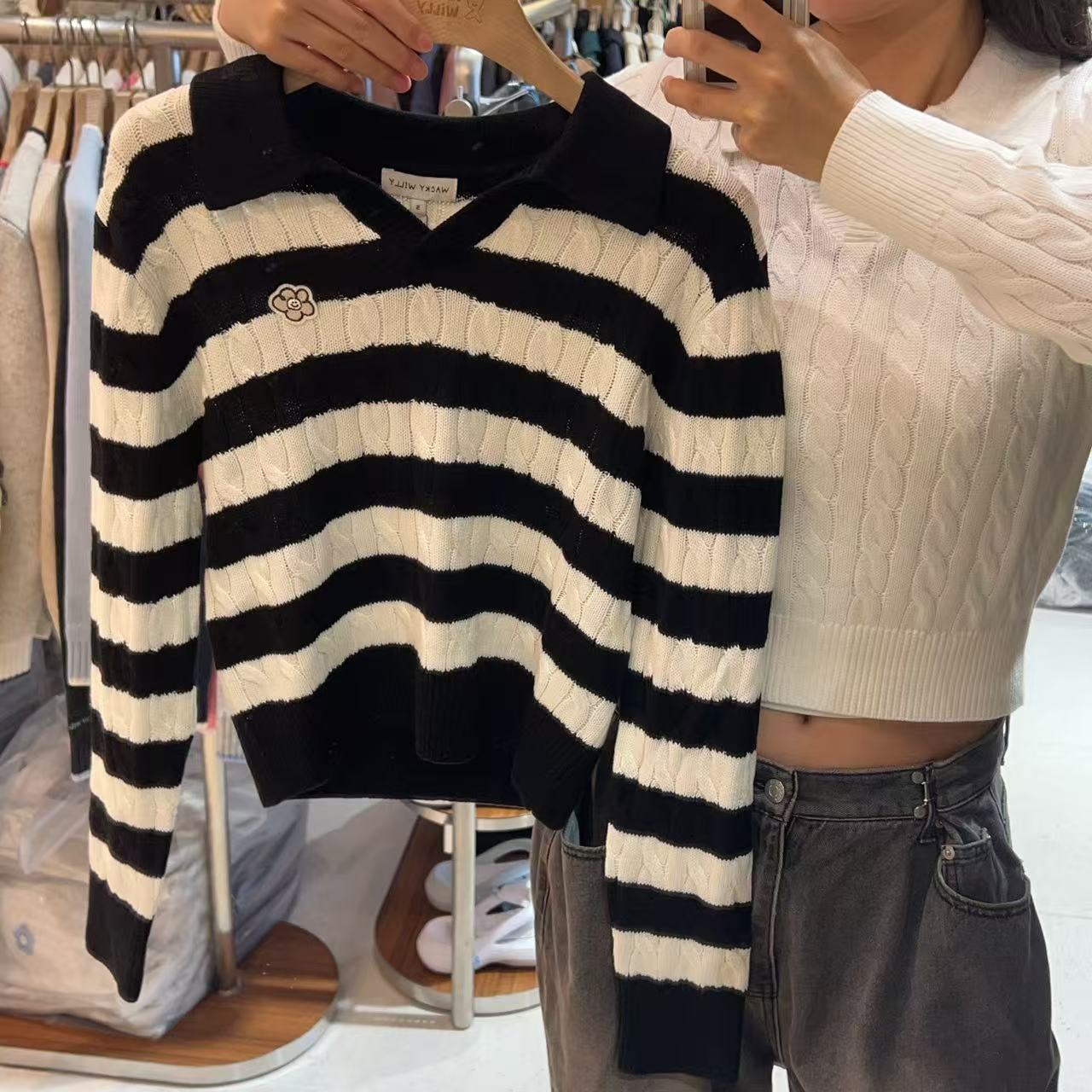 韓國 Wacky Willy Women's Cable Open Collar Pullover【WW037】