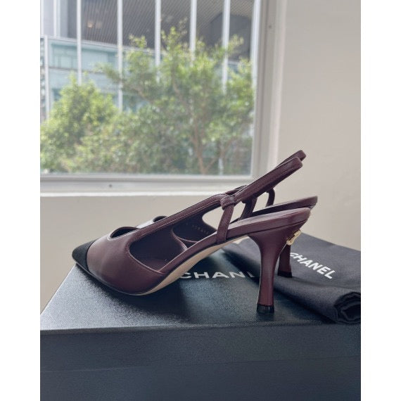 【Brand New】 Chanel Slingback 皮拼絹布高跟鞋連禮盒 (深紫紅拼黑色 - 斷碼36.5)【ST012】
