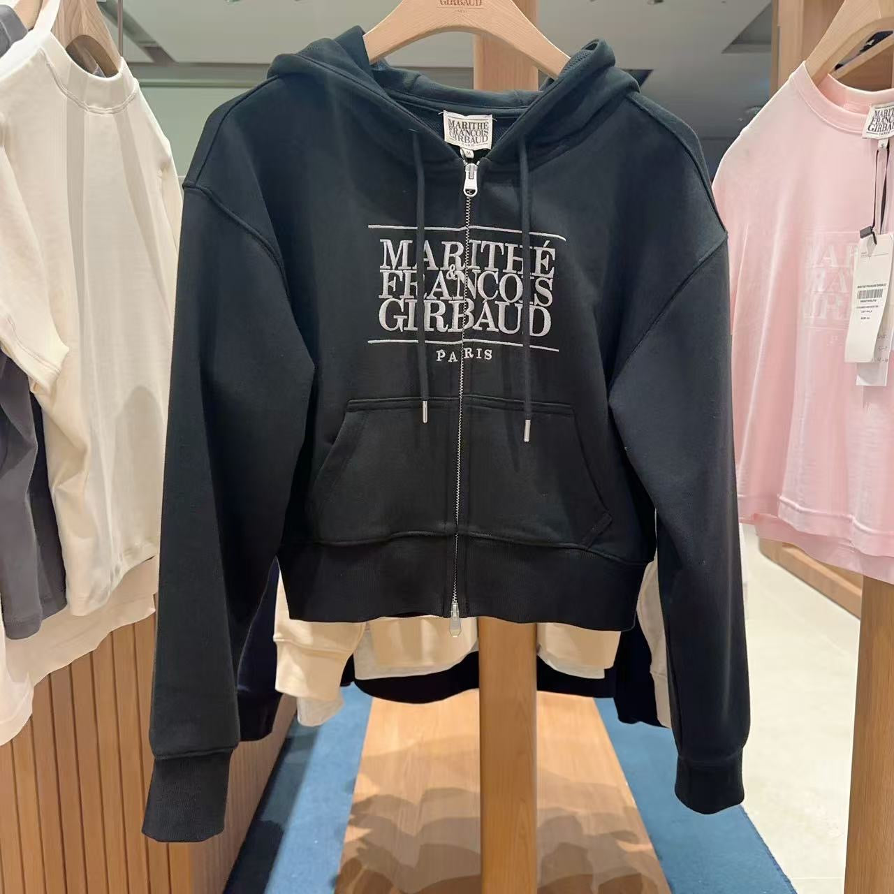 韓國 Marithe Francois Girbaud W Embroidery Classic Logo Crop Hoodie Zipup【MF716】