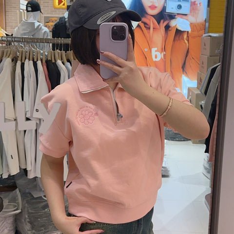 韓國 Wacky Willy Women's Flory Embroidery Half Zip-up Short Sleeve T-Shirt Melange Grey【WW152】