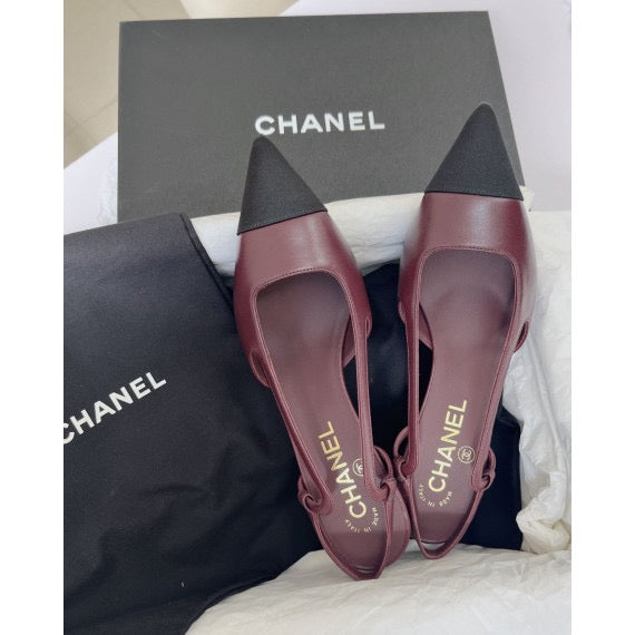 【Brand New】 Chanel Slingback 皮拼絹布高跟鞋連禮盒 (深紫紅拼黑色 - 斷碼36.5)【ST012】