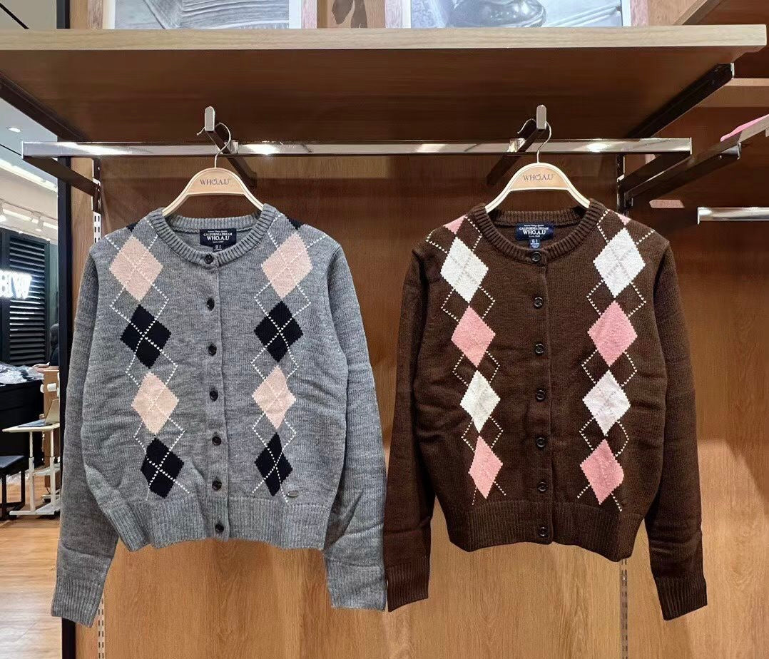 韓國 WhoAU Argyle Cardigan【WA079】