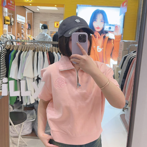 韓國 Wacky Willy Women's Flory Embroidery Half Zip-up Short Sleeve T-Shirt Melange Grey【WW152】