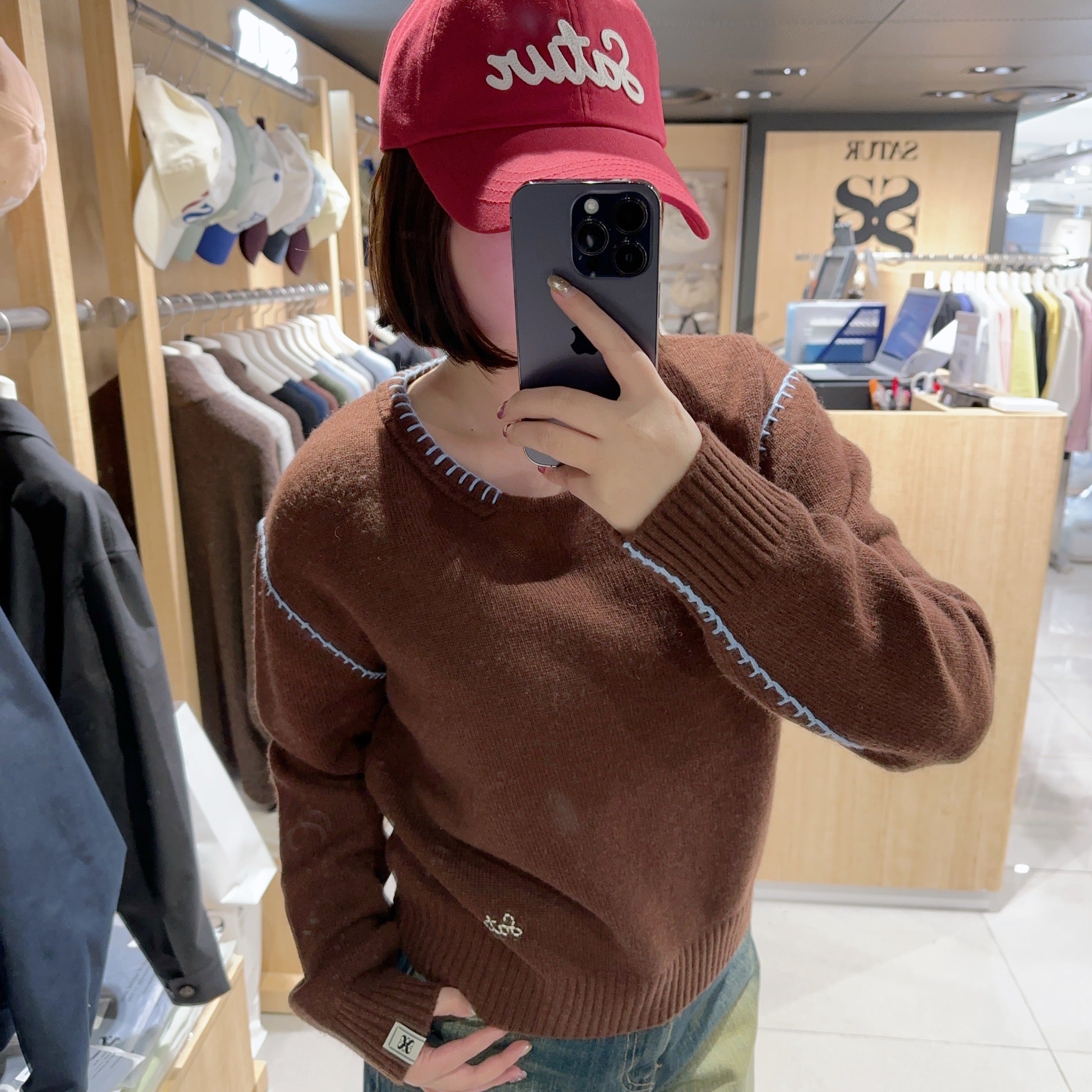 韓國 Satur (W) Contrast Stitch Semi Crop Knit【SR032】