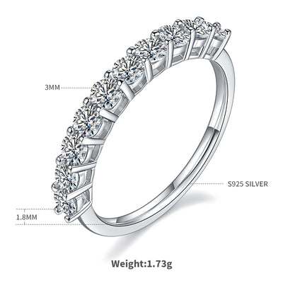 莫桑石 M92A圓形排戒S925銀鍍白金莫桑鑽女戒1.0克拉D級【SM1132】