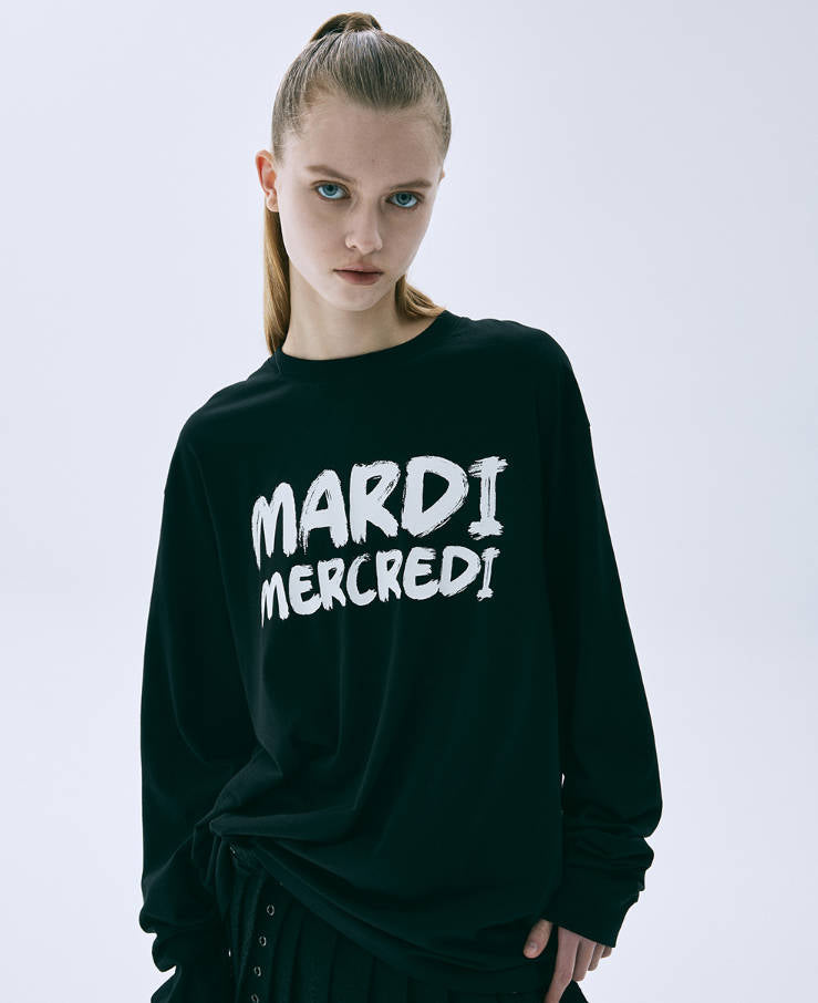 韓國 Mardi Mercredi Unisex Tshirt Long Sleeve Brush Logo Contrast【MM194】