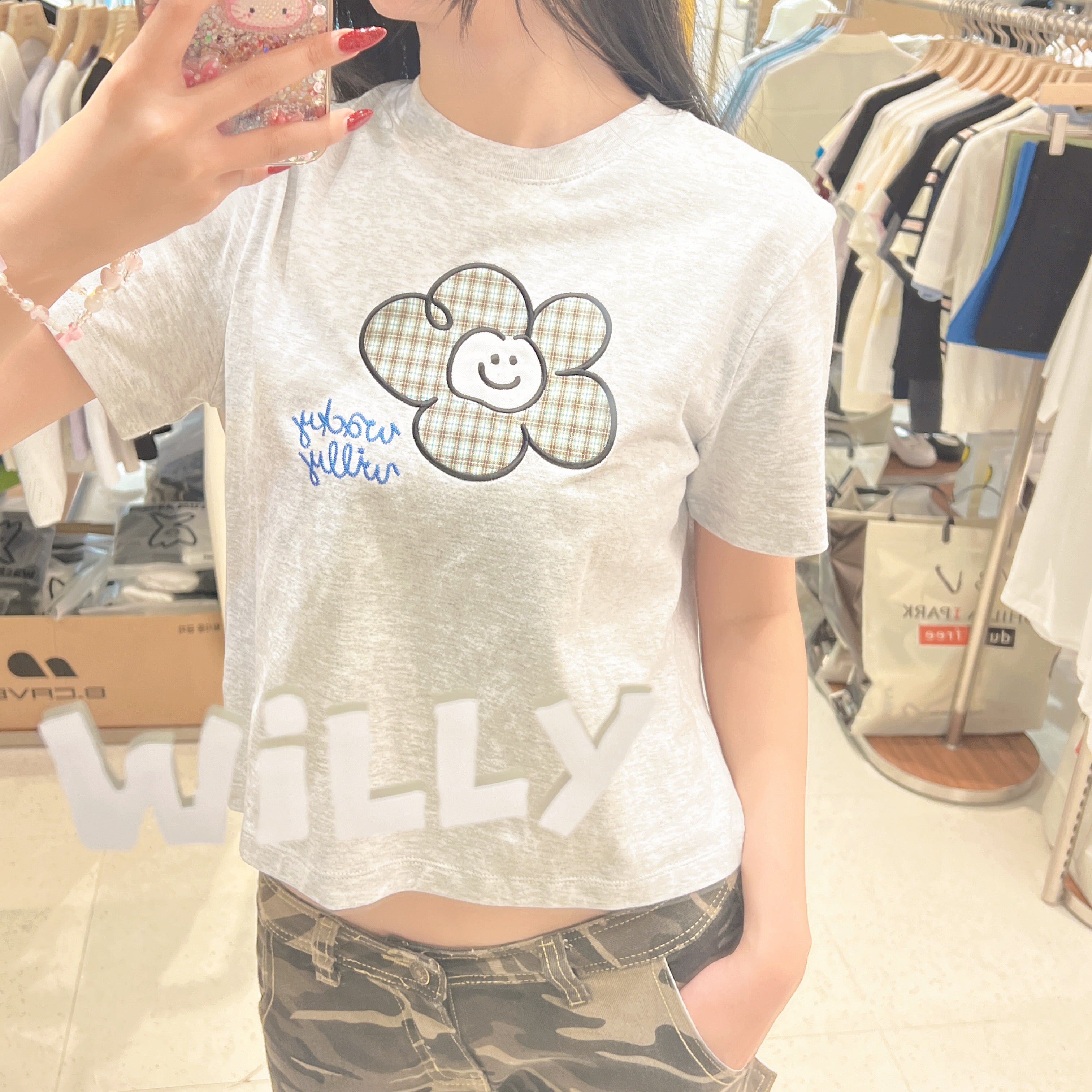 韓國 Wacky Willy Simple flower round neck short sleeves T-shirt【WW228】