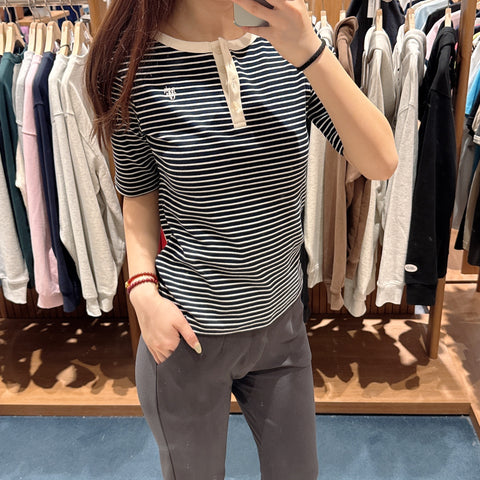 韓國 Marithe Francois Girbaud Women's HENLEY NECK STRIPE T-SHIRTS【MF569】