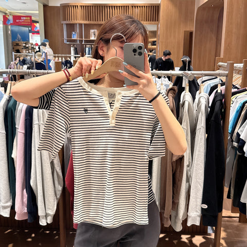 韓國 Marithe Francois Girbaud Women's HENLEY NECK STRIPE T-SHIRTS【MF569】