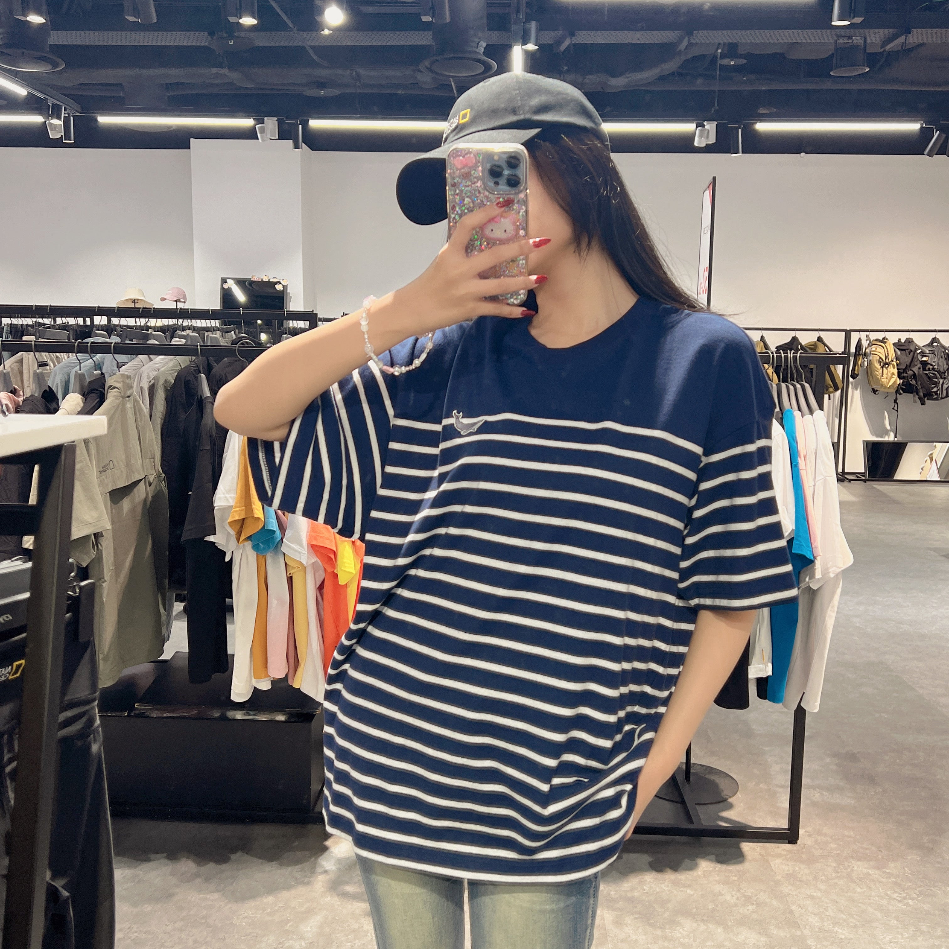 韓國 National Geographic Semi-Overfit Whale Wappen Denkang Stripe T-shirt【NG659】