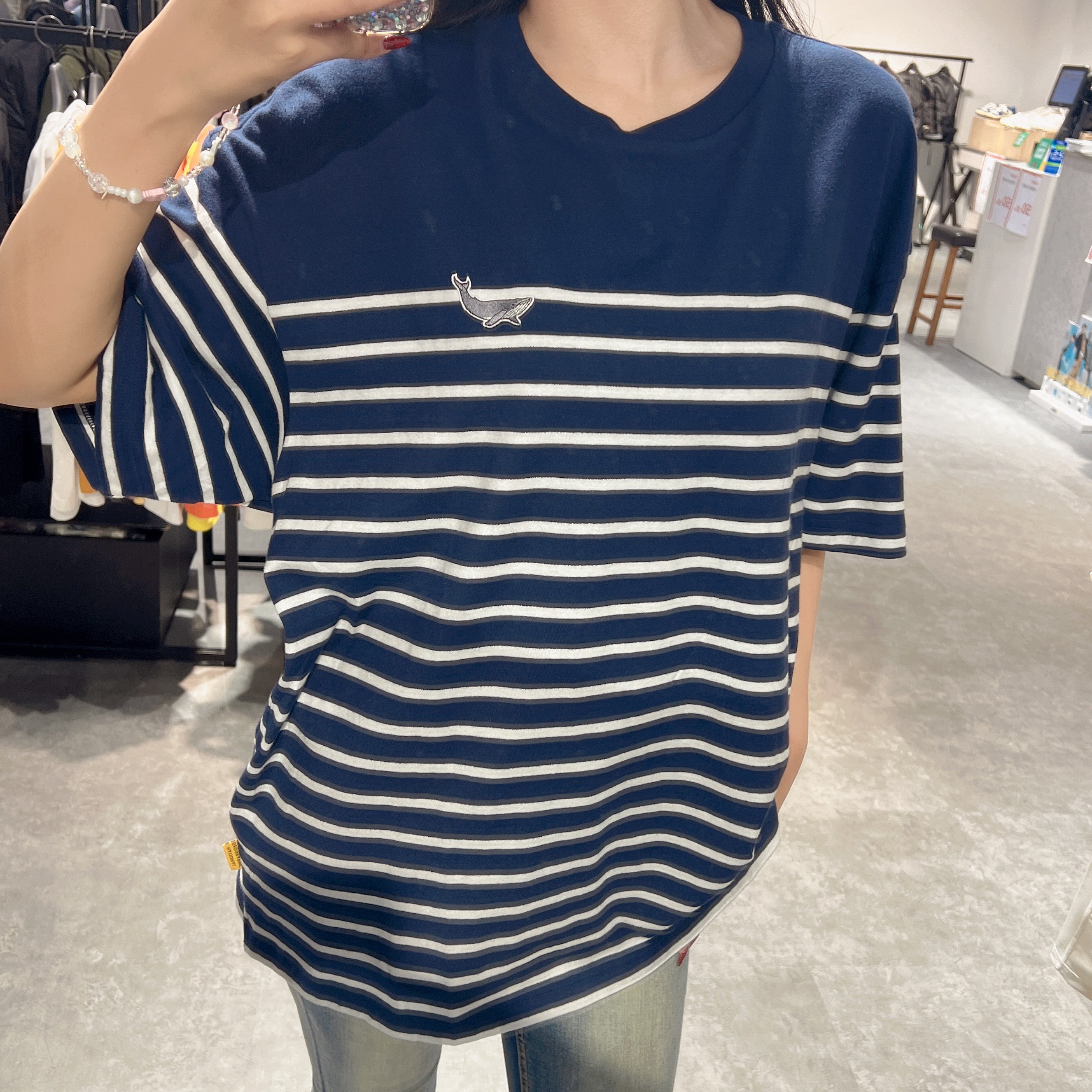 韓國 National Geographic Semi-Overfit Whale Wappen Denkang Stripe T-shirt【NG659】