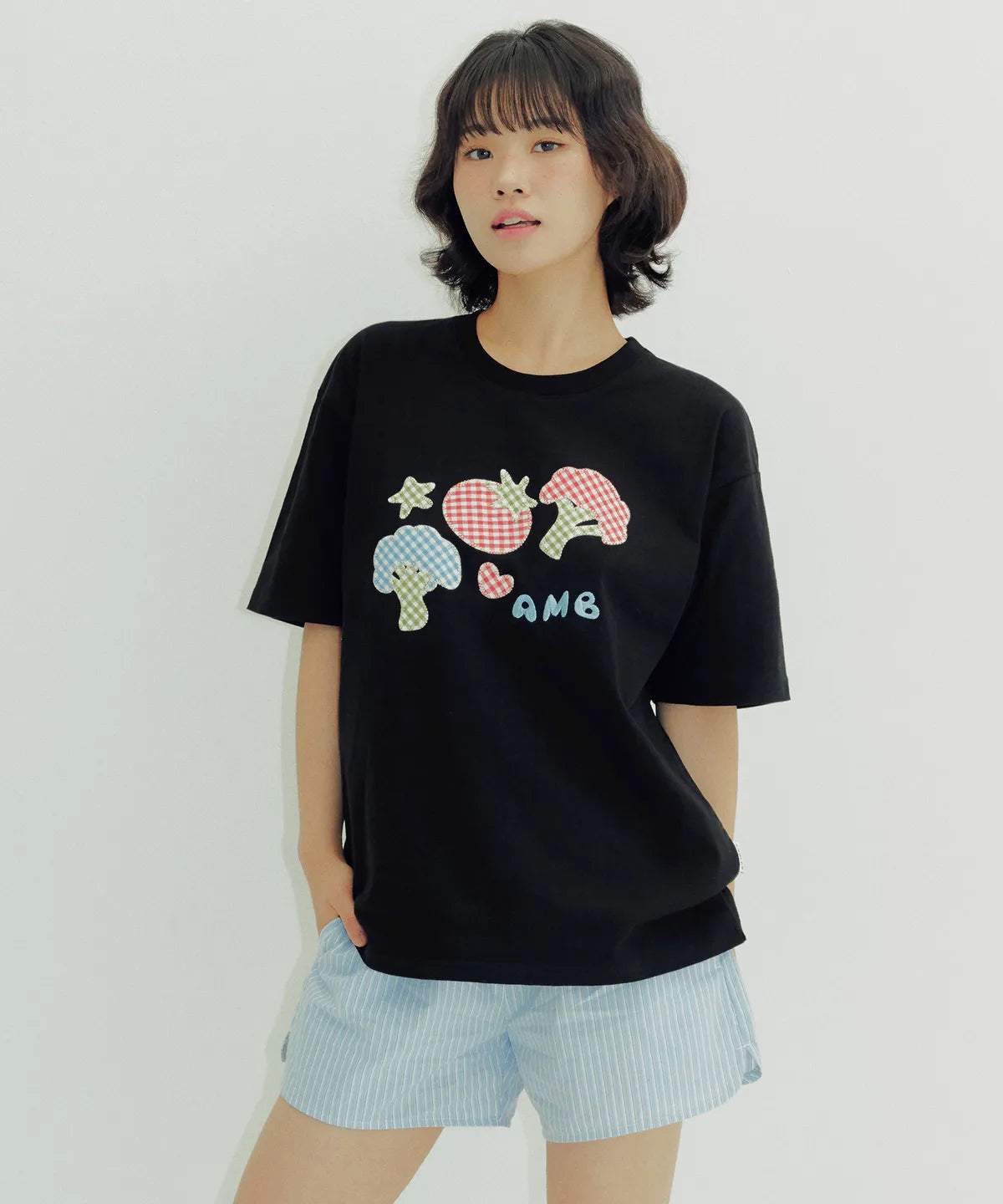 韓國 Ambler Tomato Broccoli Duo Patch Check Patch Short Sleeve T-Shirt【AR108】