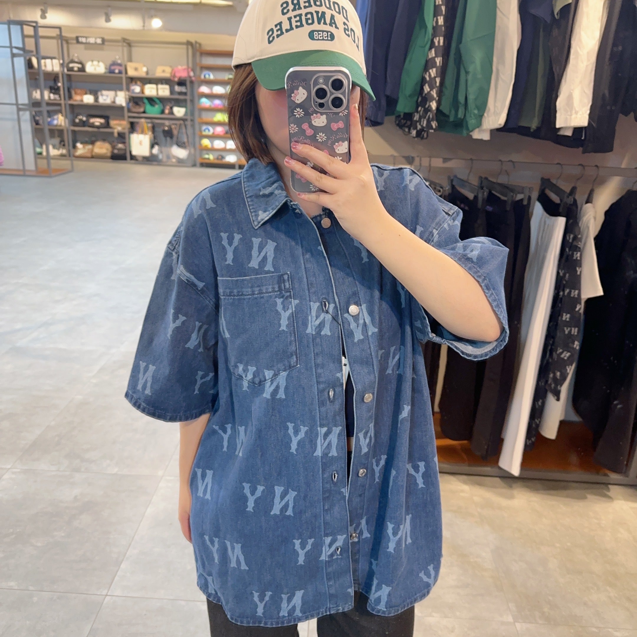 韓國 MLB Basic Multi Mega Logo Print Short Sleeve Denim Shirt NY【MB354】
