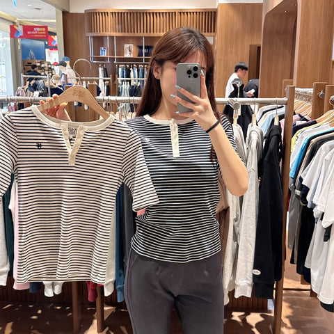 韓國 Marithe Francois Girbaud Women's HENLEY NECK STRIPE T-SHIRTS【MF569】