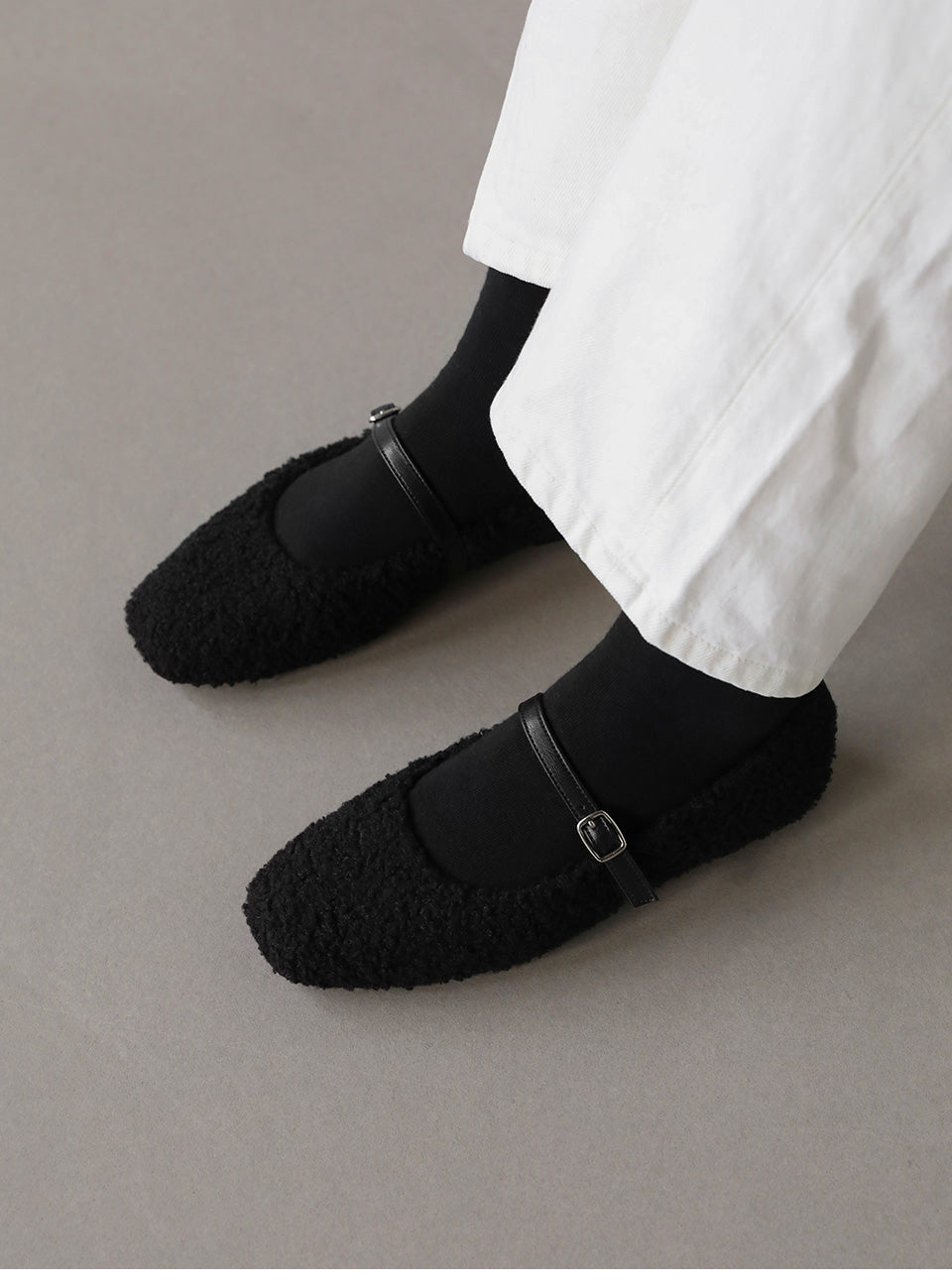 韓國 Sappun Dione Fur-lined Mary Jane Flats (1cm)【AU042】