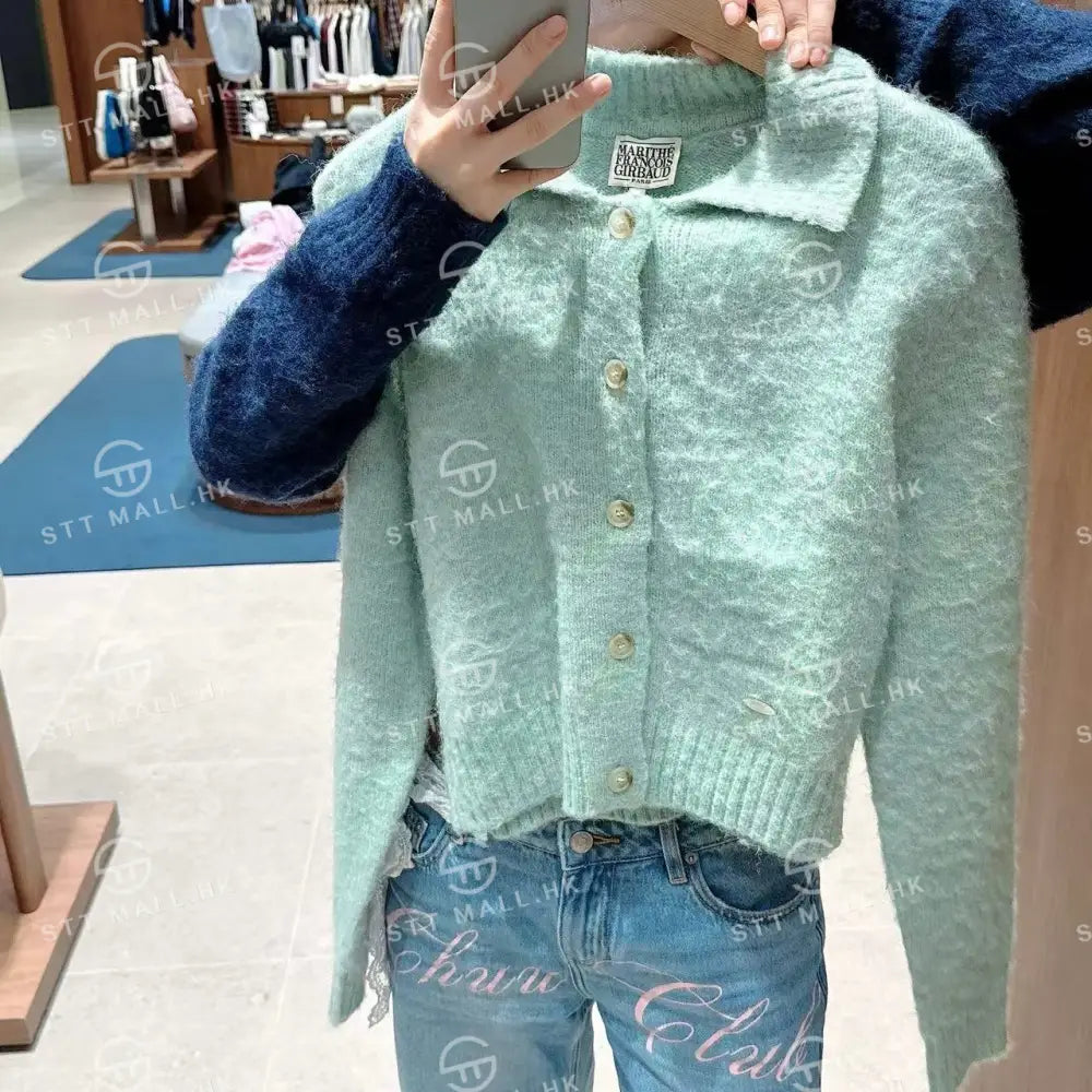 韓國 Marithe Francois Girbaud W Hairy Collar Cardigan【MD042】 Mint / S 一般商品