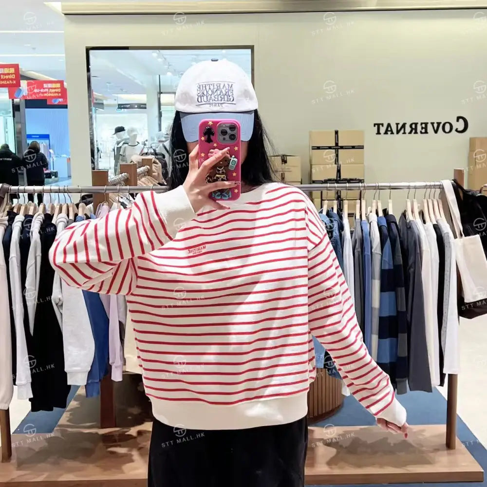 韓國 Marithe Francois Girbaud W Stripe Boatneck Crop Sweatshirt【MD178】 Red / S 一般商品